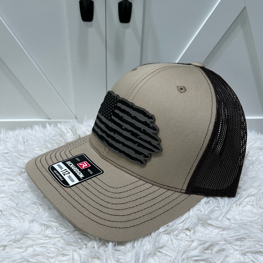 Laser engraved Richardson 112 trucker hat. American flag.
